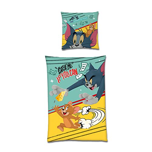 BERONAGE Tom & Jerry - Juego de cama infantil (135 x 200 cm y 80 x 80 cm, 100% algodón, con cremallera YKK Spike Nibbles Comic Cat Mouse)