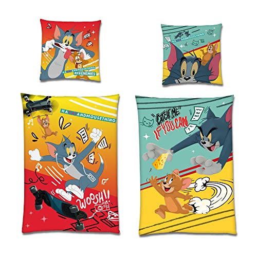BERONAGE Tom & Jerry - Juego de cama infantil (135 x 200 cm y 80 x 80 cm, 100% algodón, con cremallera YKK Spike Nibbles Comic Cat Mouse)