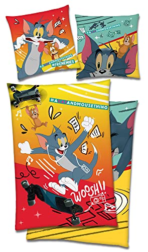 BERONAGE Tom & Jerry - Juego de cama infantil (135 x 200 cm y 80 x 80 cm, 100% algodón, con cremallera YKK Spike Nibbles Comic Cat Mouse)
