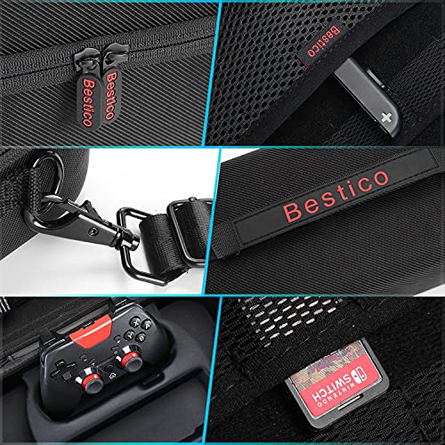 Bestico Funda para Nintendo Switch, Estuche Rígido de Transporte de Viaje para Consola Switch, La Base de la Switch, Adaptador AC, Joy con Grip, Pro Controller y 18 Cartuchos de Juegos
