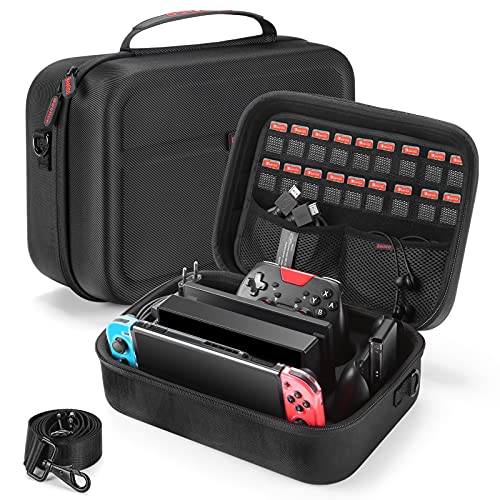 Bestico Funda para Nintendo Switch, Estuche Rígido de Transporte de Viaje para Consola Switch, La Base de la Switch, Adaptador AC, Joy con Grip, Pro Controller y 18 Cartuchos de Juegos
