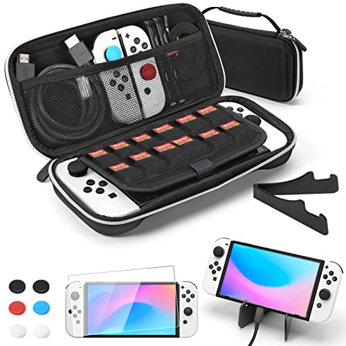 Bestico Funda para Nintendo Switch OLED, Accesorio Kits para Nintendo Switch OLED Incluye Funda de Transporte para Switch OLED, Protector de Pantalla, Soporte Ajustable y Apretones de Pulgar