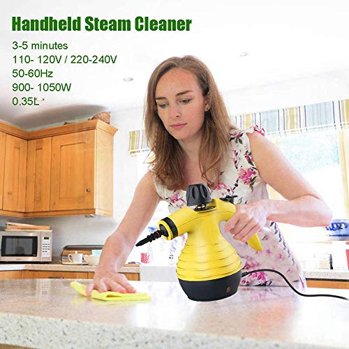 BET Handheld Steam Cleaner 350ml Limpiador de Vapor a presión multipropósito con 9 Kit de Accesorios para Uso en el hogar Eliminación de Manchas de Superficie múltiple, Piso, automóvil y más,Amarillo
