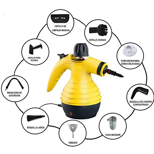 BET Handheld Steam Cleaner 350ml Limpiador de Vapor a presión multipropósito con 9 Kit de Accesorios para Uso en el hogar Eliminación de Manchas de Superficie múltiple, Piso, automóvil y más,Amarillo