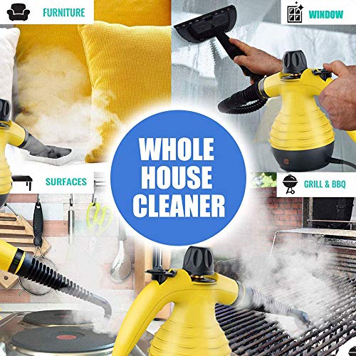 BET Handheld Steam Cleaner 350ml Limpiador de Vapor a presión multipropósito con 9 Kit de Accesorios para Uso en el hogar Eliminación de Manchas de Superficie múltiple, Piso, automóvil y más,Amarillo