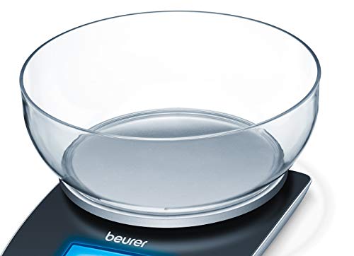 Beurer KS 25 Balanza de cocina con bol transparente, función auto-tara, 3 kg/1 gr, pantalla LCD azul (6.6 x 2.8 cm), altura pantalla 2.2 cm, color negro plata