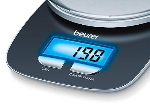 Beurer KS 25 Balanza de cocina con bol transparente, función auto-tara, 3 kg/1 gr, pantalla LCD azul (6.6 x 2.8 cm), altura pantalla 2.2 cm, color negro plata