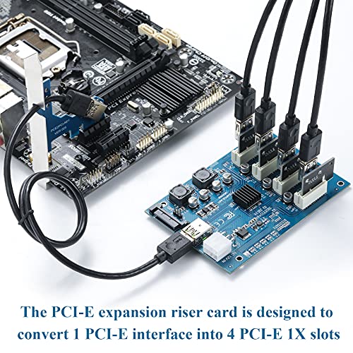 BEYIMEI PCI-E 1X a 4 Puertos PCI-E 1X Tarjeta Riser , Tarjeta PCIe de Interfaz múltiple, Tarjeta pcie (6 Pines y SATA), Adecuada para minería BTC, Compatible con WIN7 / 8 / 8.1 / 10 / Linux