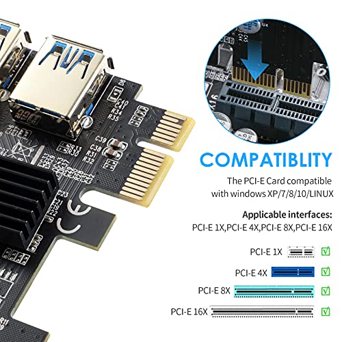 BEYIMEI Tarjeta adaptadora PCIe 1 a 4 PCI-Express, 16X Ranuras USB3.0 Expansión Riser Card, para mineros Bitcoin para minar Dispositivos BTC (Cable USB no Incluido)