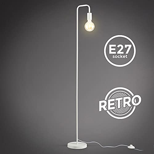 B.K.Licht I Lámpara de pie retro curvada I altura 140 cm I E27 I 1 bombilla I interruptor de pie I metal I blanco mate I sin lámpara