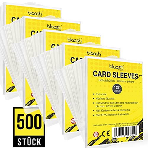 blaash® Card Sleeves | 500 Premium – Fundas transparentes para todo tipo de cartas de juego y colección como Pokémon, YuGiOh, MTG, Match Attax| Standard Penny Soft Sleeves | 67 x 94 mm