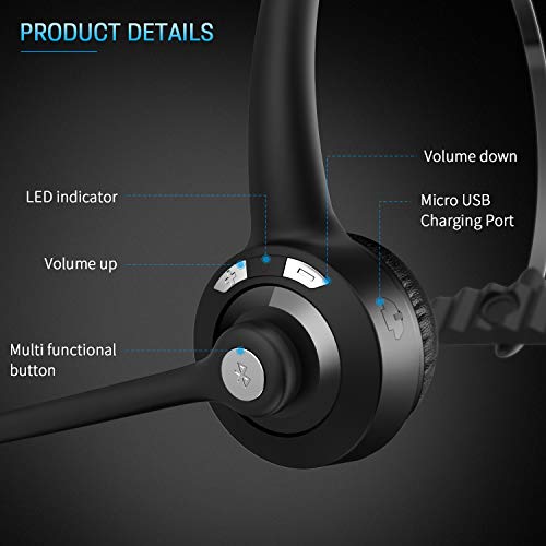 BlueFire Auriculares con Micrófono, Auricular Bluetooth Cascos con Cancelación de Ruido,Auriculares inalámbricos de Oficina, para Servicio Telefónico,Manos Libres,Skype,Call Centers,Truck Driver