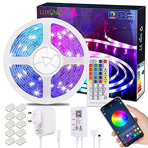 Bluetooth Tira Led 20M, LUXONIC RGB LED Strip Light Music Sync con control de APP, Tira de luz LED flexible para la Decoración del Hogar
