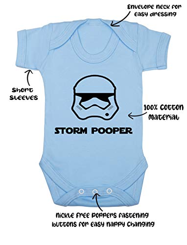 Bodis para bebé y niña "Storm Pooper" diseñados e impresos en el Reino Unido con 100% algodón peinado fino, azul, 1 mes