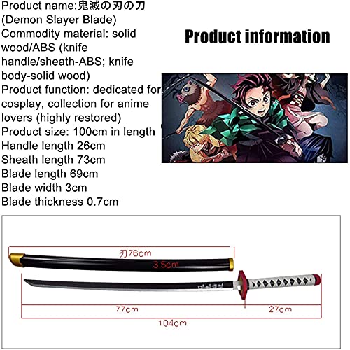 Bokken Katana Japonesa ​con Vaina, Catanas, Demon Slayer Kimetsu No Yaiba, Demonia, Accesorios para Juegos de rol, Accesorios de Armas de Madera, Entrenamiento de Esgrima de Kendo Hecho A Mano
