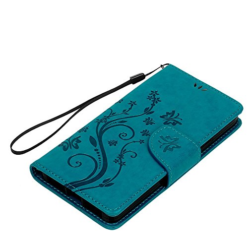 bq Aquaris M5 Funda Libro de Cuero Impresión Con Tapa y Cartera,Correa de mano - Mavis's Diary Carcasa PU Leather Con TPU Silicona Case Interna Suave,Soporte Plegable,Ranuras para Tarjetas y Billetera,Cierre Magnético - Diseño de Mariposa y Flor,Azul