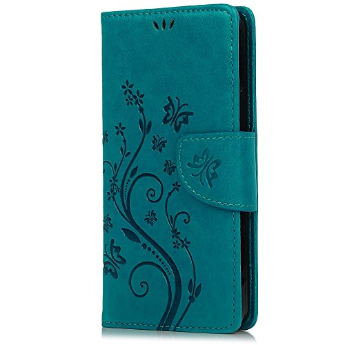 bq Aquaris M5 Funda Libro de Cuero Impresión Con Tapa y Cartera,Correa de mano - Mavis's Diary Carcasa PU Leather Con TPU Silicona Case Interna Suave,Soporte Plegable,Ranuras para Tarjetas y Billetera,Cierre Magnético - Diseño de Mariposa y Flor,Azul