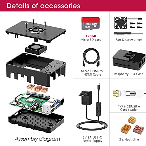 Bqeel Raspberry Pi 4 Model B 【4GB RAM+128GB MicroSD 】 RPi Barebone con Accesorios BT 5.0, Doble WiFi, Micro HDMI, Estuche, Fuente de alimentación 5.1V 3A con Interruptor
