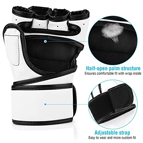 Brace Master MMA Gloves Guantes UFC Guantes de Boxeo para Hombres Mujeres Cuero Más Acolchado Saco de Boxeo sin Dedos Guantes para Kickboxing, Sparring, Muay Thai y Heavy Bag (Blanco L)