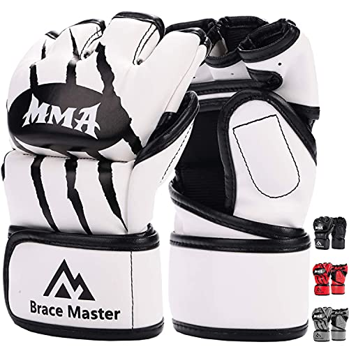 Brace Master MMA Gloves Guantes UFC Guantes de Boxeo para Hombres Mujeres Cuero Más Acolchado Saco de Boxeo sin Dedos Guantes para Kickboxing, Sparring, Muay Thai y Heavy Bag (Blanco L)