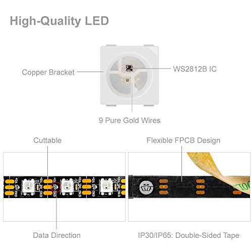 BTF-LIGHTING 16.4ft 5m WS2812b 60leds/pixels/m Flexible Negro PCB individualmente direccionable Led tira Sue?o en color no impermeable DC5V