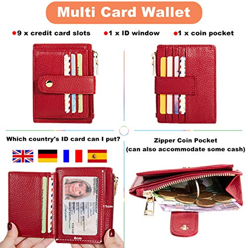 BTNEEU Hombre Mujer Cuero RFID Tarjetero para Tarjetas de Credito, Billetera Minimalista Piel Cartera Pequeña Cuero con Monedero, Mini Monedero Tarjetero Slim Piel con 9 Ranuras para Tarjetas (Rojo)