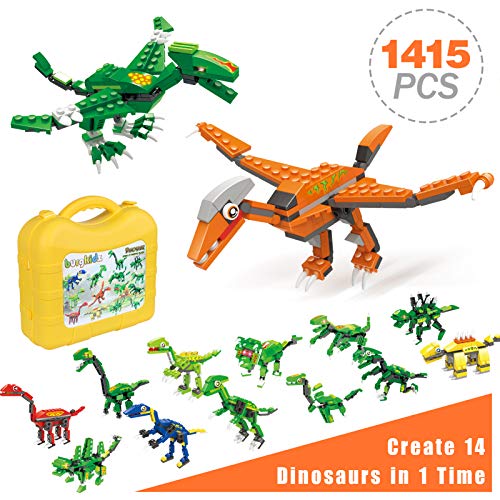 burgkidz Dinosaurios Bloques de Construcción Juguetes, 1415 Piezas de Ladrillos Creativos Clásicos con Maleta para Crear 14 Figuras de Dinosaurios, Juguetes de Construcción para Niños de 4 a 12 Años