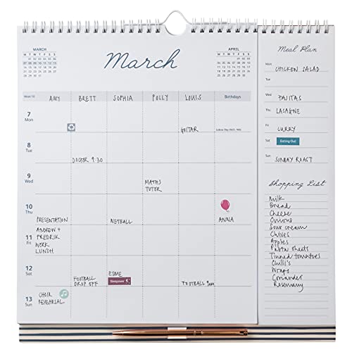 Busy B - Calendario familiar semanal de enero a diciembre de 2022 – lunares rojo baya, con 6 columnas para toda la familia y cumpleaños, planificador de comidas, listas compras, bolsillo y bolígrafo.