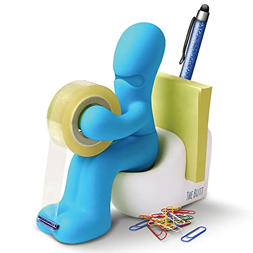 Butt Supplies - Rollo de cinta adhesiva (con dispensador, 15.2 x 14.8 x 6.6 cm, 222 g), color azul Dispensador de Cinta y Porta Elementos - Accesorio Divertido para la Oficina