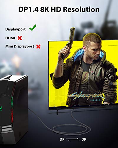 Cable DisplayPort 8K Maxonar 3M/10FT Cable DP 8K@60Hz DP1.4 HBR3 4K@60Hz/144Hz/ 120Hz 5K@60Hz 2K@165Hz/240Hz Soporte FreeSync y G-Sync Display Port para Monitor de Juegos Certificado VESA