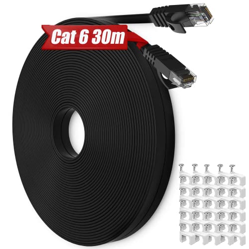 Cable Ethernet 30 Metros, Cable de Red Plano Cat 6 Rj45 Cable Network Gigabit Negro Alta Velocidad Cable Internet 30m