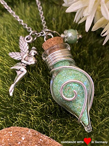 Cadena para mujer con amuleto de la suerte de frasco con polvo de hada de luz, brilla en la oscuridad, color verde de Katharina Fairytale