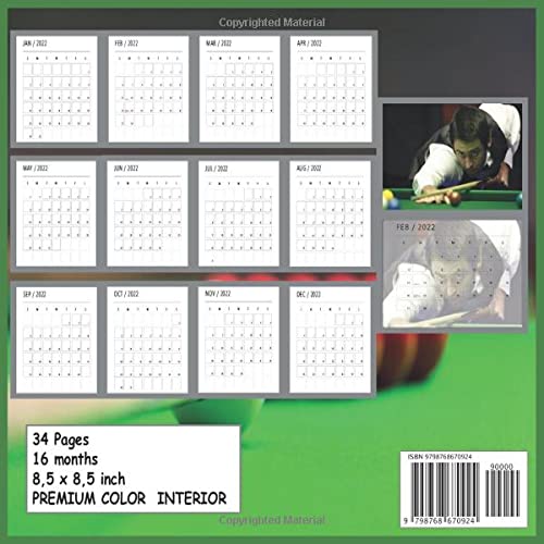 Calendar Snooker pool 2022: 8;5 x 8,5 inch month to month square schedule 2022 - 34 Pages - 16 months - ENJOY THE UPCOMING YEAR