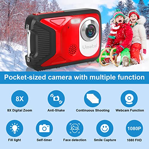 Cámara Digital a Prueba de Agua GDC8026 / Zoom Digital de 8X / 21 MP / 1080P FHD/Pantalla LCD TFT de 2,8"/ Cámara subacuática para niños/Adolescentes/Estudiantes/Principiantes/Los Ancianos (Rojo)