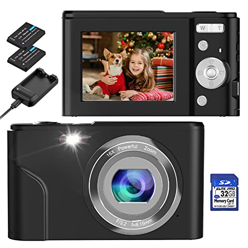 Cámara Digital, BRIHIEVY FHD 1080P 36MP 2.4 Pulgadas LCD Cámara Compacta Recargable con Tarjeta SD De 32GB Zoom Digital 16X, Cámara Digital para Niños Adolescentes Adultos -Negro