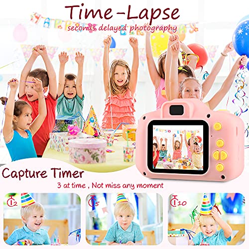 Cámara para Niños Infantil Cámara de Fotos Digital Cámara Juguete para Niños 2 Pulgadas 12MP 1080P HD Selfie Video Cámara Regalos Ideales para Niños Niñas de 3-10 Años con Tarjeta TF 32 GB (Rosa)