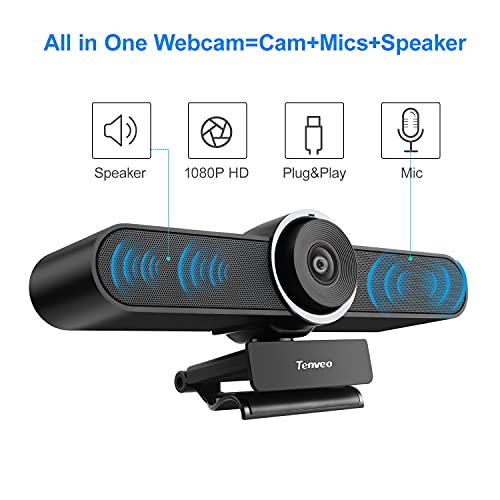Cámara Web de Conferencia con micrófono y Altavoz, USB 1080p, Gran Angular para Ordenador, videoconferencia, Streaming, Altavoz, cámara y cámara, Zoom. (Negro, 1080P)