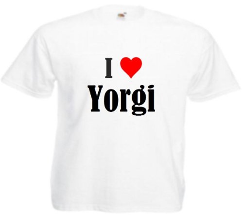 Camiseta con texto "I Love Yorgi" para mujer, hombre y niños en los colores negro, blanco y rosa. Blanco XXXXL
