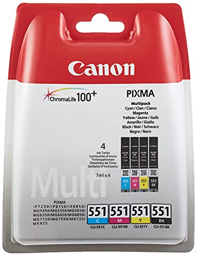 Canon CLI551 - 4 Cartuchos Multipack de tinta original para Impresora de Inyeccion de tinta Pixma, multicolor