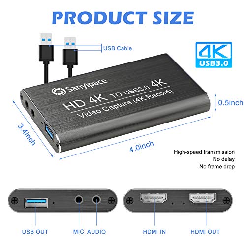 Capturadora Vídeo HDMI,Tarjeta Capturadora HD a USB3.0 con Entrada de Micrófono, 1080P 60fps Baja Latencia Game Capturadora por Grabación de Vídeo, Videoconferencia, Uso Compartido de Pantalla