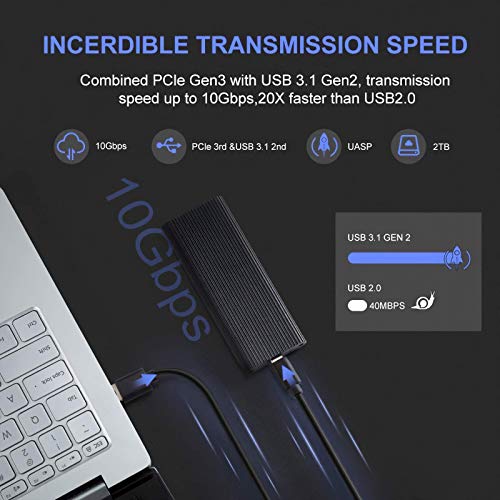 Carcasa M.2 NVMe Caja Externa USB 3.1 Gen2 PCIe SSD Adaptador 10 Gbps UASP, POSUGEAR Estuche De Disco Duro Tipo C para M-Key y M + B 2230/2242 / 2260/2280