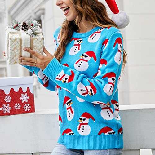 CAREMiLLE - Suéter Feo de Navidad para Mujer, muñeco de Nieve de Dibujos Animados con Gafas de Sol, suéter de Vacaciones, suéter para Mujer-Azul-L