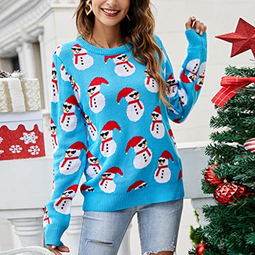 CAREMiLLE - Suéter Feo de Navidad para Mujer, muñeco de Nieve de Dibujos Animados con Gafas de Sol, suéter de Vacaciones, suéter para Mujer-Azul-L