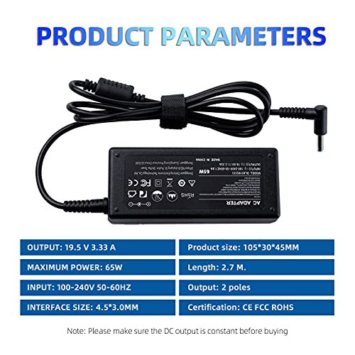 Cargador de Fuente de alimentación 65W 19.5V 3.33A para HP Pavilion 11 13 15 Stream 11 13 14 Split 13 Elitebook Folio 1040 G1 HP 215240250255 G2 741727-001 710412-001 Conector: 4.5 x 3, 0 mm