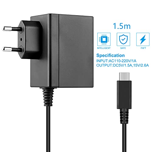 Cargador para Switch/Switch Lite/Switch OLED, 5V1.5A/15V2.6A Adaptador de CA Type-C de Carga Rápida con Suministro de Cable de 6 Pies Compatible en Modo de TV y Control Dock & Pro