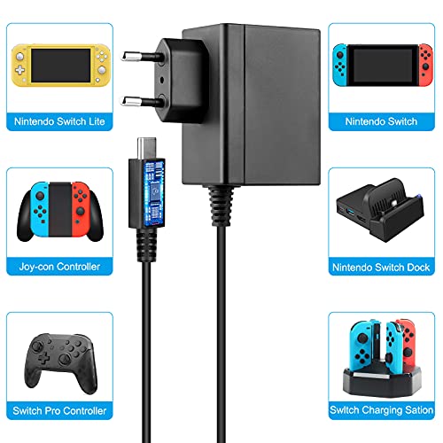 Cargador para Switch/Switch Lite/Switch OLED, 5V1.5A/15V2.6A Adaptador de CA Type-C de Carga Rápida con Suministro de Cable de 6 Pies Compatible en Modo de TV y Control Dock & Pro