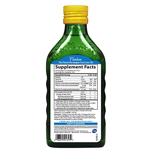Carlson Labs Aceite De Hígado De Bacalao Del Niño, 550 Mg Limón Natural 510 g