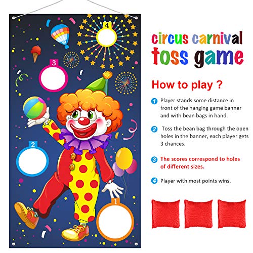 Carnival Toss Games Clown Banner con 3 Bean Bags Circus Bean Bag Toss Juego para Las Actividades de la Fiesta de Carnaval, Grandes Decoraciones de Carnaval, Proveedores de Circo para Niños y Adultos