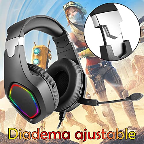 Cascos Gaming PS5 con Micrófono Flexible para Xbox Series X PC Nintendo PS4 PC Gaming, Auriculares con Sonido Premium Stereo, Orejeras Acolchadas Ligero Cómodo y Diadema Ajustable, Iluminación RGB
