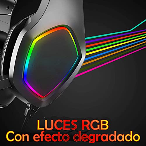 Cascos Gaming PS5 con Micrófono Flexible para Xbox Series X PC Nintendo PS4 PC Gaming, Auriculares con Sonido Premium Stereo, Orejeras Acolchadas Ligero Cómodo y Diadema Ajustable, Iluminación RGB